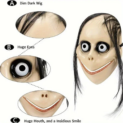 Halloween Horror Mask with Long Hair Funny Plastic Mask V-shaped Mouth Party Dress Up Ghost Mask Prop Cosplay props New 2025 Good Vibrations