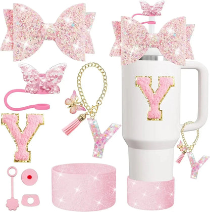 8PCS Cup Accessories Set for Stanley Cup 30 40oz Tumbler Straw Topper Cover Cap Boot,Spill Proof Stopper Charm Initials Sticker Good Vibrations