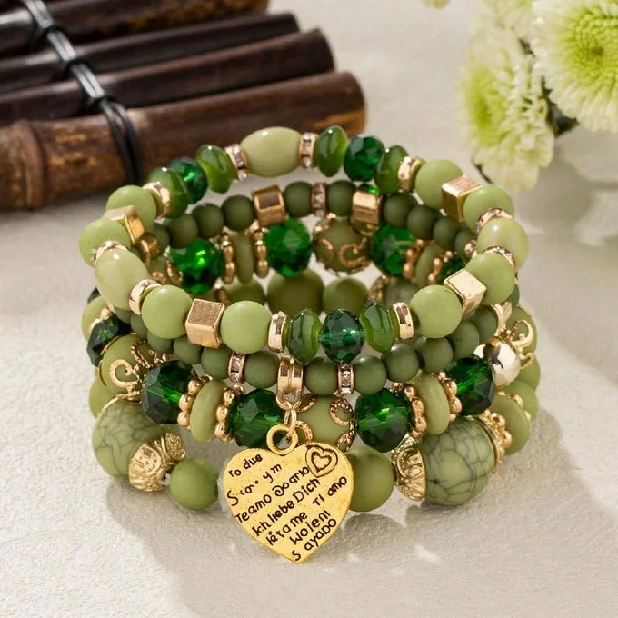 4pcs/set Boho Strand Bracelets For Women Crystal Beads Bracelets Heart Letter Elastic Bangles Wristband Yoga Jewelry Gifts Good Vibrations