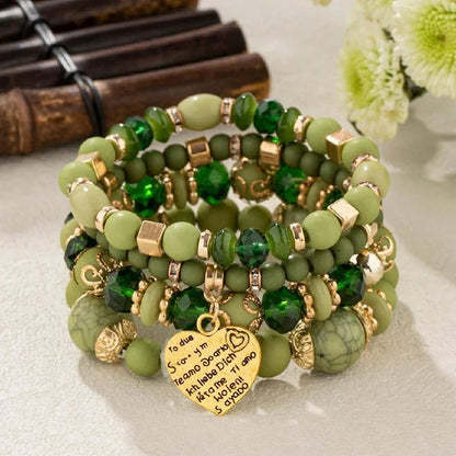 4pcs/set Boho Strand Bracelets For Women Crystal Beads Bracelets Heart Letter Elastic Bangles Wristband Yoga Jewelry Gifts Good Vibrations