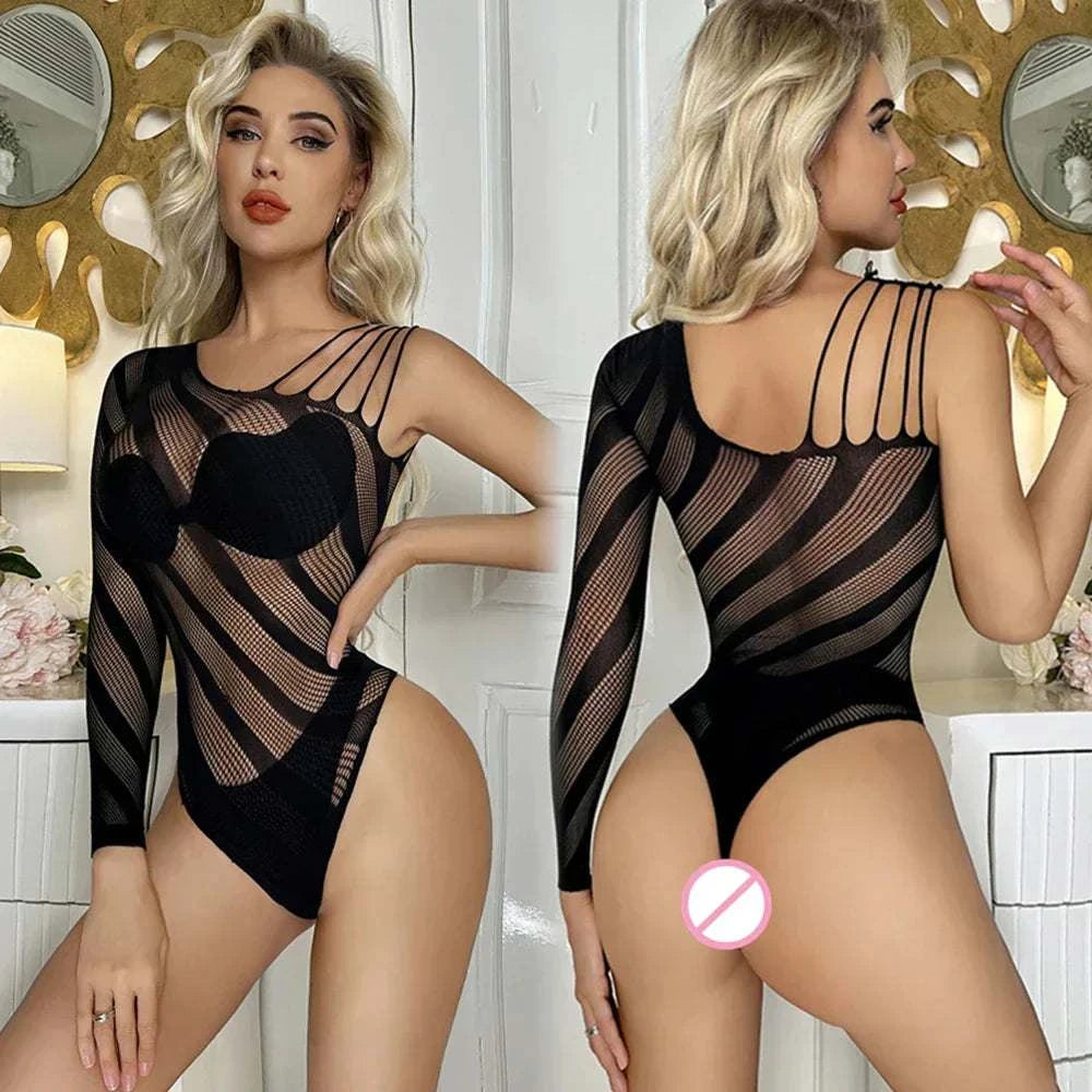 Sexy see-through mesh bodysuit with hollow pattern, sleek design perfect for nightwear.