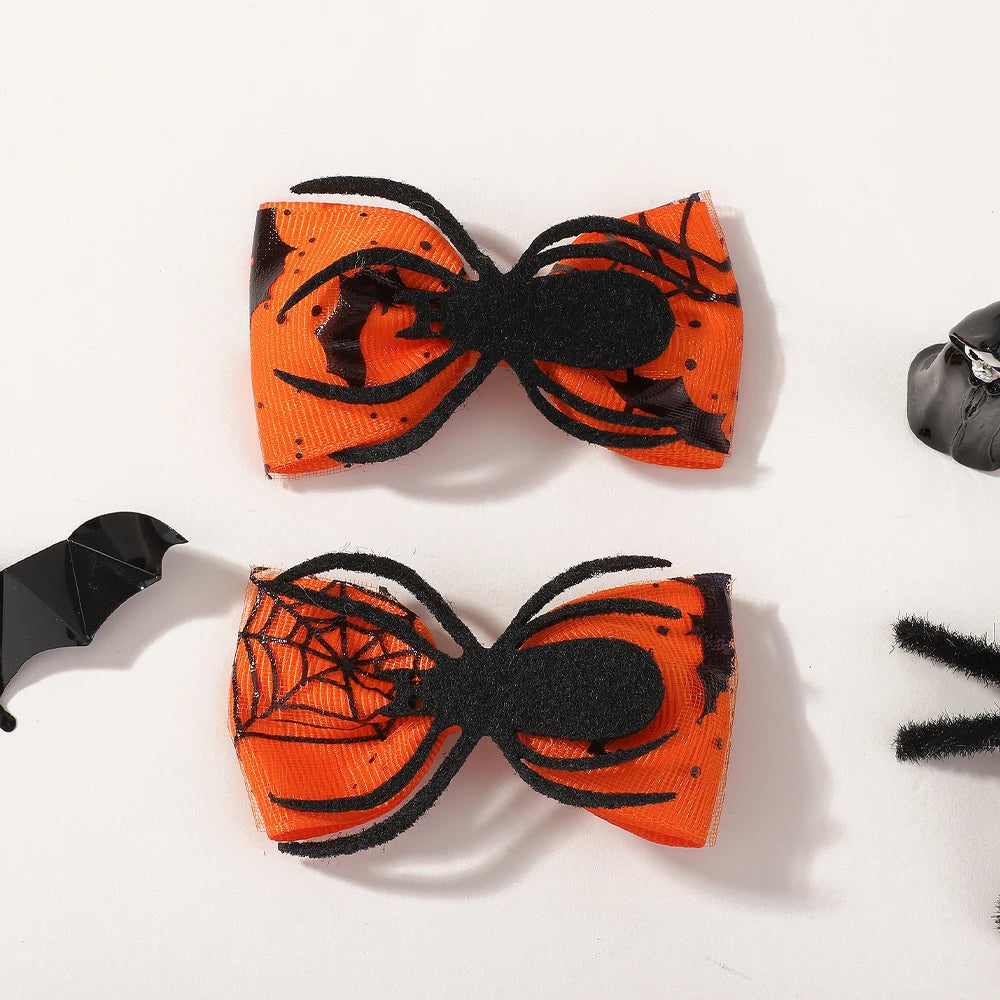 2Pcs Halloween Kids Hairpin Set Handmade Grosgrain Ribbon Bows DIY Pumpkin Spider Decoration Headwear Hair Accessories for Girls Good Vibrations