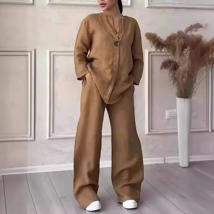 Muslim Sets Women 2 Piece Suit Shirt Wide Leg Pants Outfits 2025 Ensemble Button Lace Up Elastic Waist Blouse Straight Trousers Good Vibrations