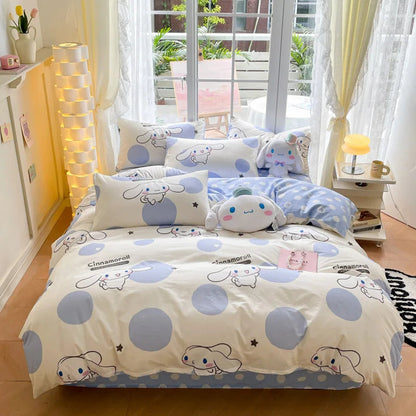 Sanrio 100% Cotton Bedding Set Cute Hello Kitty Kuromi Melody King Queen Pillowcase Bed Linens Girl Dorm Bedclothes Home Textile Good Vibrations