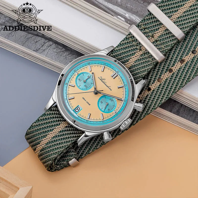 ADDIESDIVE Top Brand Man Watch BGW9 Super Luminous 10Bar Waterproof Bubble Mirror Glass VK64 Chronograph Quartz Steel Wristwatch Good Vibrations