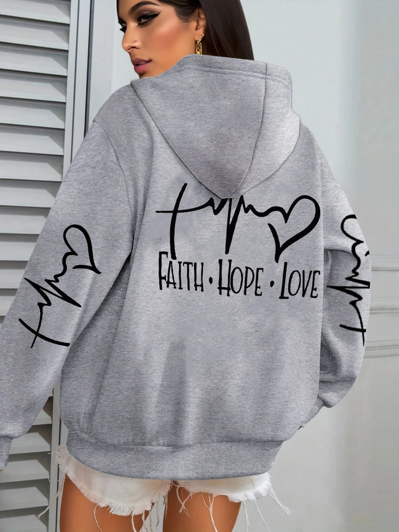 Faith Hope Love Letter Graphic Printed Women Hoodies Fleece Harajuku Hoody Casual Loose Y2K Clothes Pocket Autumn Pullover Good Vibrations