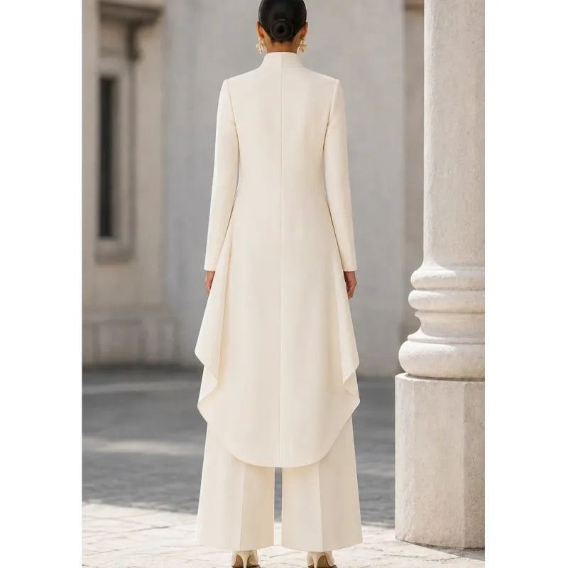 Woman's Autumn Stand Collar Top With Wide Leg Pants Two-piece Set Fashion Solid Irregular Long Top Suit Lady Chic Office Outfit Good Vibrations