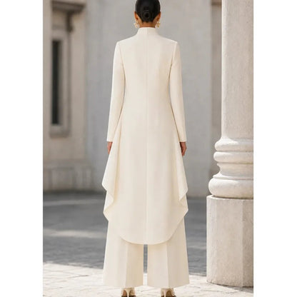 Woman's Autumn Stand Collar Top With Wide Leg Pants Two-piece Set Fashion Solid Irregular Long Top Suit Lady Chic Office Outfit Good Vibrations