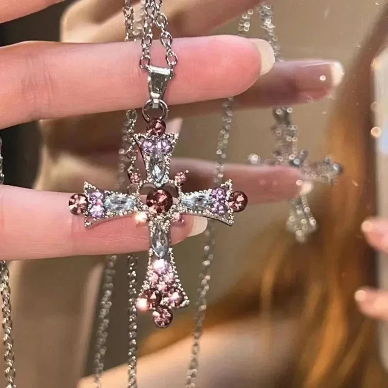 Подвеска Cross Necklace For Women Rhinestone Pendant Clavicle Chain Charm Party Jewelry Gifts Punk Pink Purple Zircon Gothic Good Vibrations