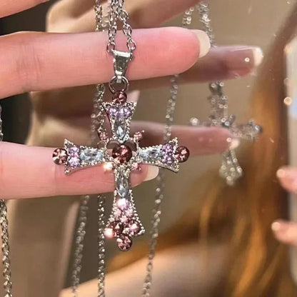 Подвеска Cross Necklace For Women Rhinestone Pendant Clavicle Chain Charm Party Jewelry Gifts Punk Pink Purple Zircon Gothic Good Vibrations