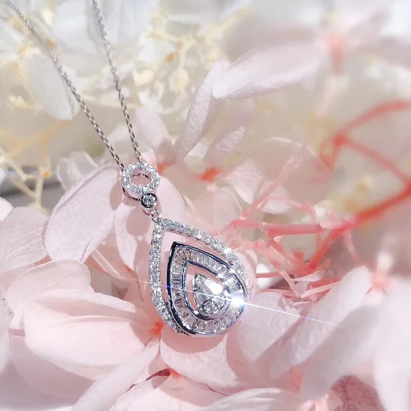 Fashion Unique Gift for Women Birthday 925 Sterling Silver Color White Waterdrop Zircon Stone Pendant with 18 Inch Chain Set Good Vibrations Adult Super Store