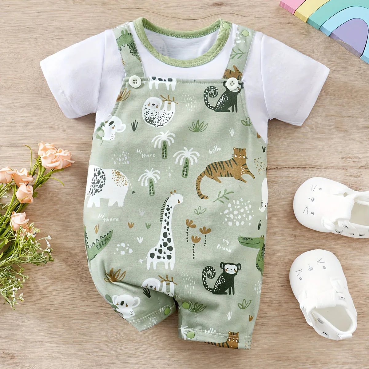 IURNXB Adorable Infant Zoo Animal Print Romper for Boy Newborn Baby Faux Two-Piece Bodysuit with Short Sleeves Casual Play Wear Good Vibrations