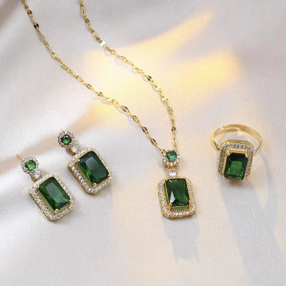 Classic Women's Three Piece Jewelry Set Statement: Jadeite Ring, Fashion Green Zircon Ring, Earrings, Necklace, Wedding Jewelry Good Vibrations
