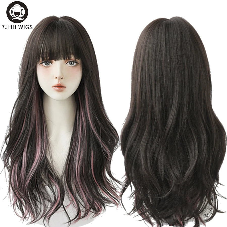 7JHHWIGS Long Wavy Synthetic Black Wigs For Women With Fringe Fashion Heat Resistant Mid-Length Daily Straight Light Brown Hair Good Vibrations