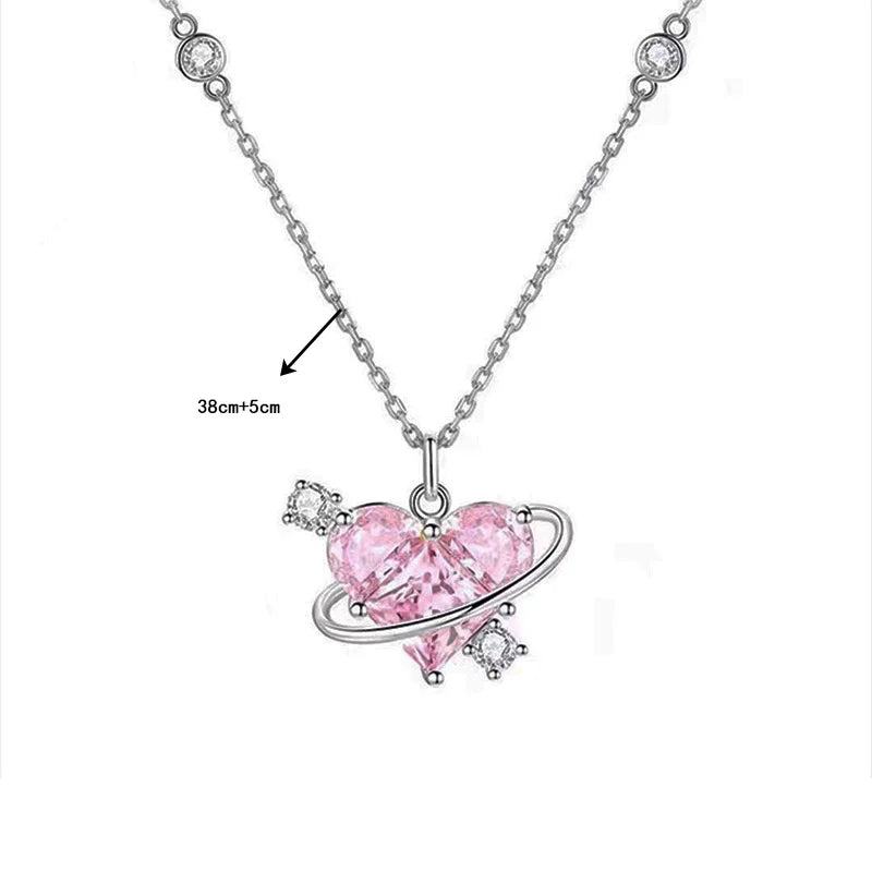Y2K Pink Planet Heart Zircon Pendant Necklaces Women Fashion Aesthetic Clavicle Chain Necklace Valentines Day Gift Party Jewelry Good Vibrations