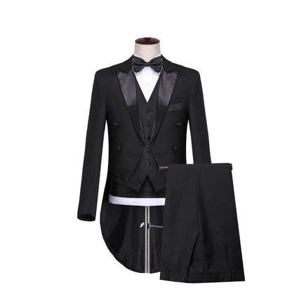 Mens Tuxedo Tailcoat Formal Dress Suits Swallow Tail Coat Navy Blue Male Jacket and Pants Party Wedding Dance Magic Performance Good Vibrations