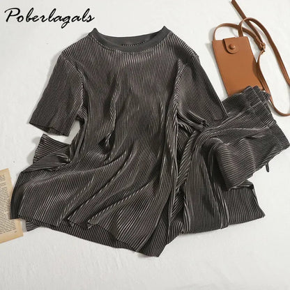Two-piece Set Casual Pants Suit Female 2026 Summer New Temperament O Neck T-shirt  + High Waist Slit Wide Leg Pants Womens Good Vibrations