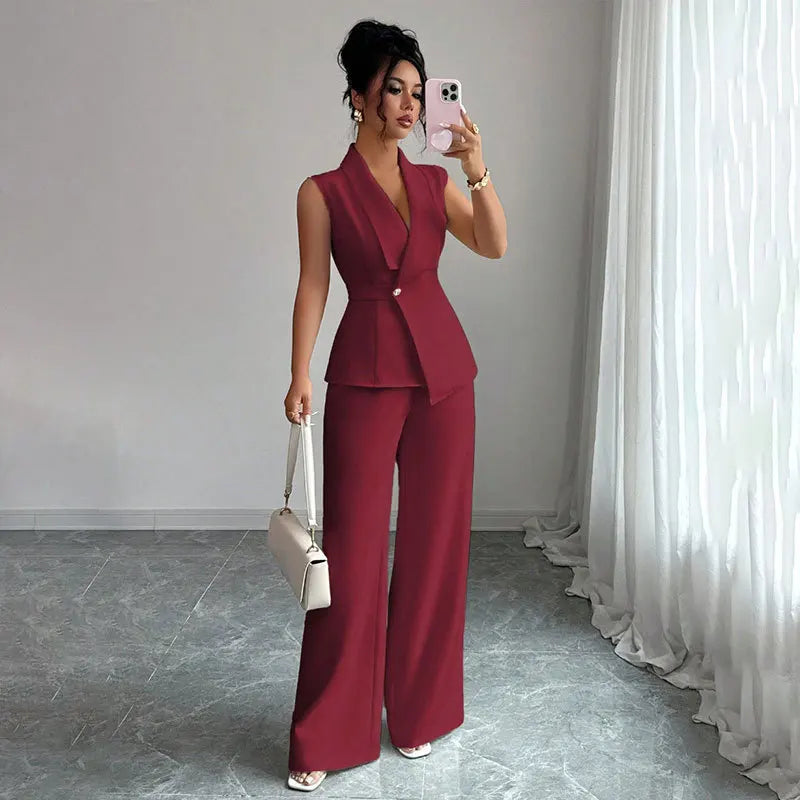 Women's Elegant 2 Piece Outfit Sleeveless V-Neck Single Button Blazer Vest and Wide Leg Pants Set Business Office Workwear Sui Good Vibrations