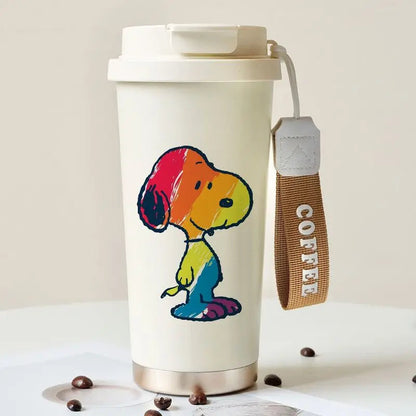Cartoon Cute Snoopy Anime Peripheral Thermos Cup Women's Heart Stainless Steel Large Capacity Coffee Cup Straw Water Cup Gift Good Vibrations