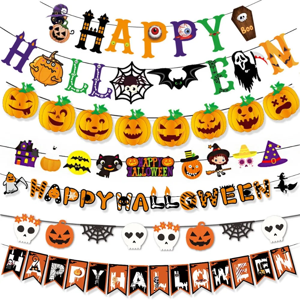 Colorful Halloween decoration banner with pumpkins, bats, ghosts, skulls, and festive lettering for home and party decor