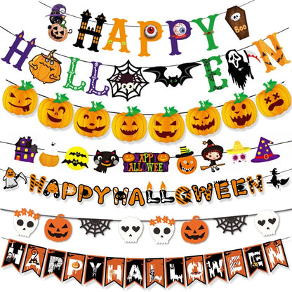 Colorful Halloween decoration banner with pumpkins, bats, ghosts, skulls, and festive lettering for home and party decor