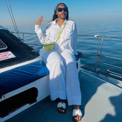 Two Piece Sets Pant Set Women Turn Down Collar White Work Shirt Casual Loose Wide Leg Long Pants High Waist Y2k Streetwear 2025 Good Vibrations