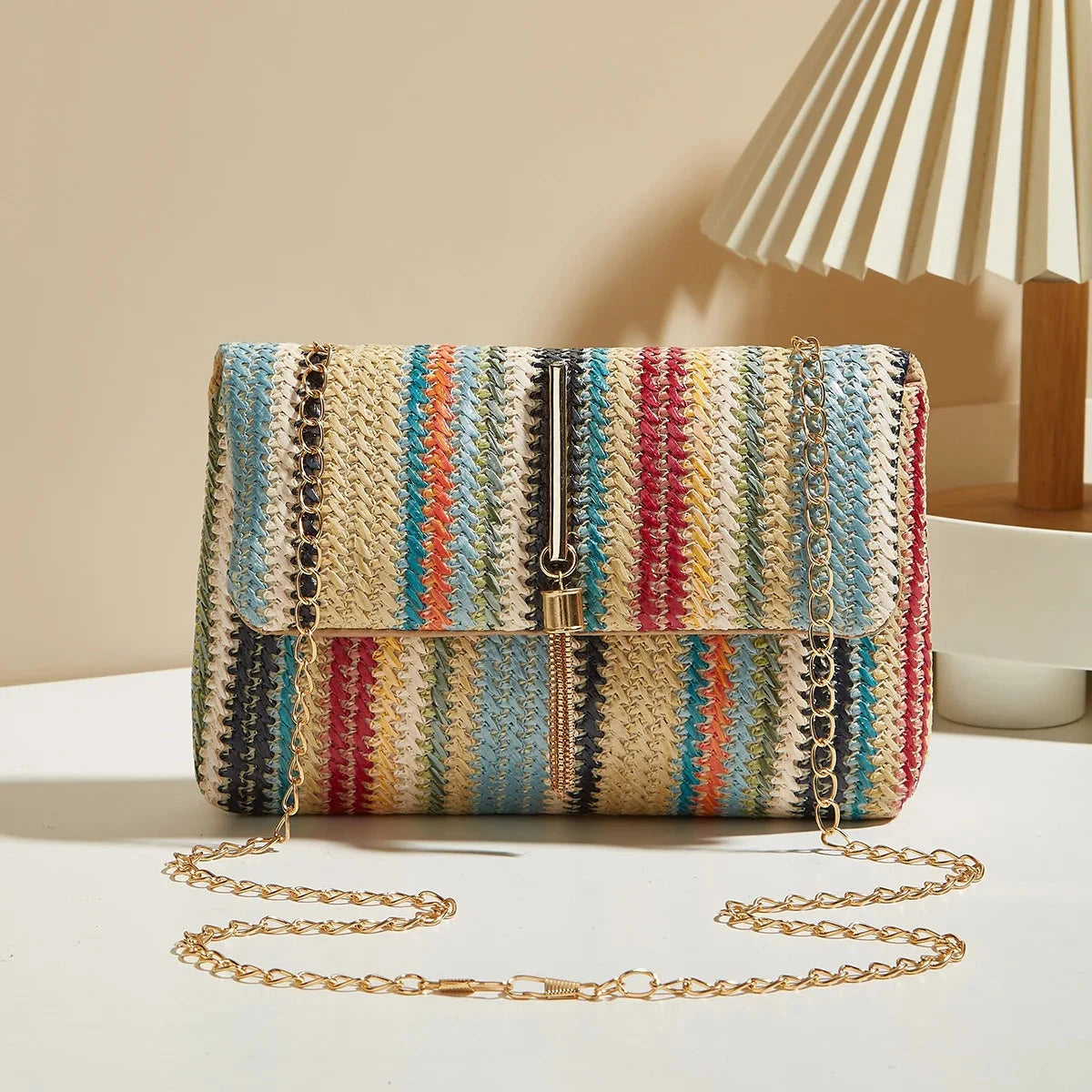 Chic Rainbow Stripe Straw Crossbody Bag for Women Adjustable Shoulder Strap Magnetic Closure Tassel Accent, Fashion Square Purse Good Vibrations