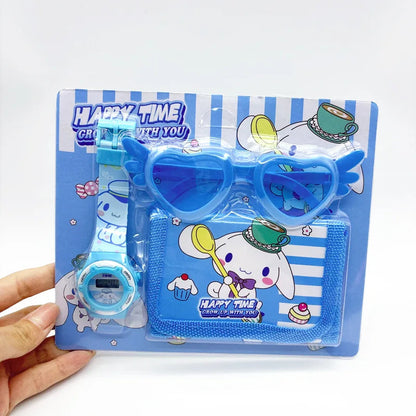 Fashion 3ps Unicorn Hello Kitty Girls Watch Kids with Wallet Glasses Cartoon Spiderman Watch Children Clock Toys set Good Vibrations