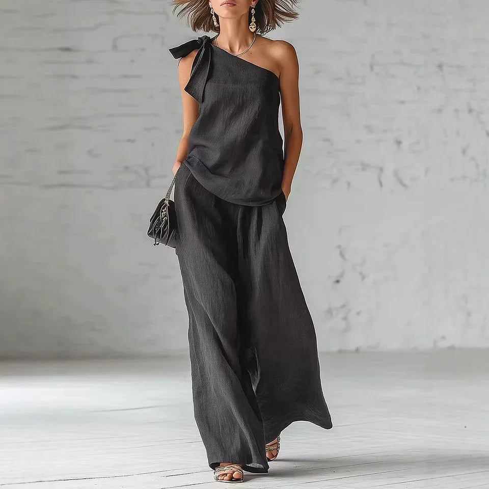 Women's 2 Piece Set 2026 Summer Sexy One Shoulder Tie Knot Top And Wide Leg Pants Suit Casual Loose Summer Beach Vacation Outfit Good Vibrations