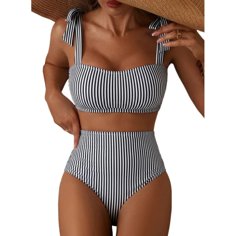 Women's 2026 Two Piece Bikini Set Striped High Waist Tie Shoulder Swimsuit Summer Beachwear Good Vibrations