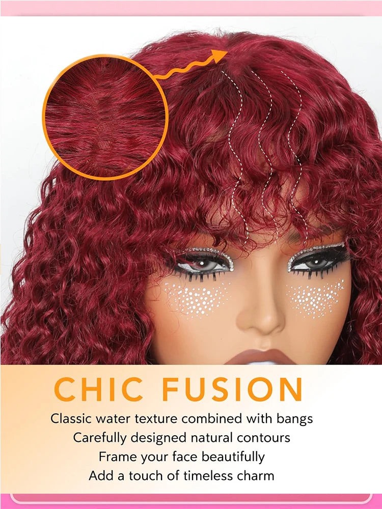 Glueless 200% Density 99J Burgundy Full Machine Made Deep Wave Wig with Bangs Water Wave Red Curly Human Hair Wigs Wear and Go Good Vibrations