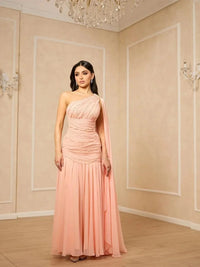 Customized  High Quality Floor-length Wedding Party Dress One Shoulder Wrinkle Pink Sweet Zipper Sleeveless Prom Dresses Beaded Good Vibrations