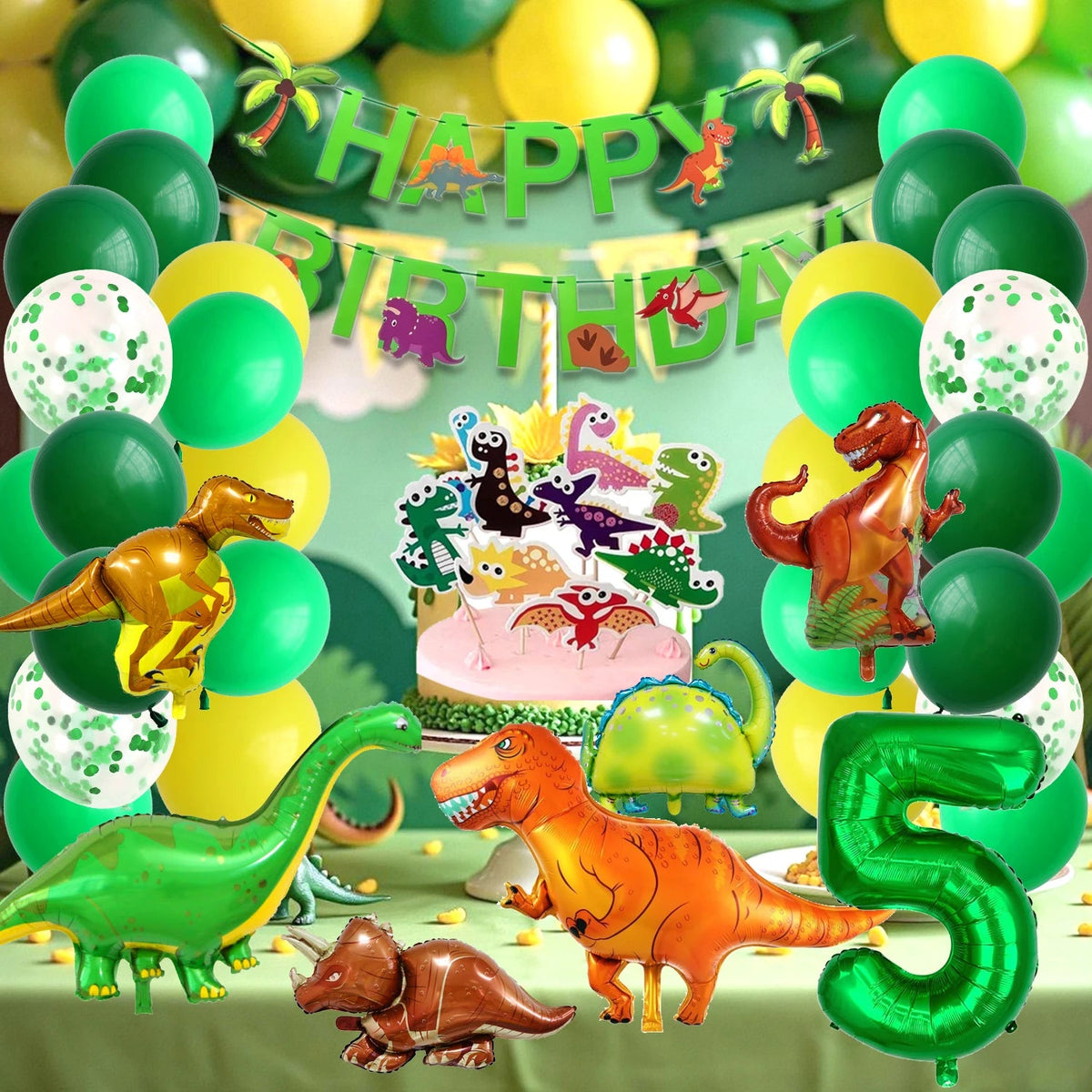 Dinosaur Birthday Party Supplies for Kids Age 2-6, Foil Balloons Set with Banner, Cake Topper, Decorations Kit (Boys & Girls) Good Vibrations