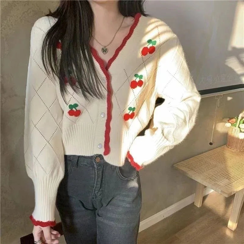 New Fashion Spring Autumn V-neck Long Sleeve Knitting Cardigan Women Casual Loose Button Floral Hollow Out All-match Tops Good Vibrations