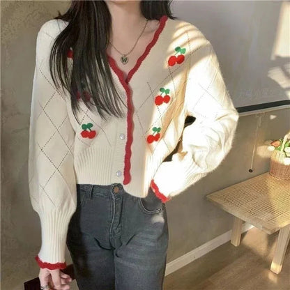 New Fashion Spring Autumn V-neck Long Sleeve Knitting Cardigan Women Casual Loose Button Floral Hollow Out All-match Tops Good Vibrations