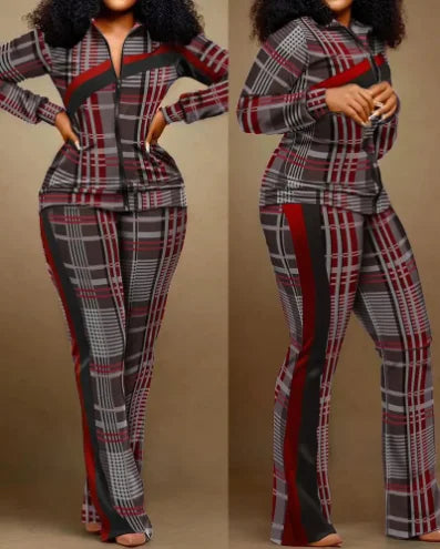 Two Piece Set Women Outfit 2023 Autumn Fashion Geometric Print Stand Collar Long Sleeve Zip Up Top & Casual Sporty Pants Set Good Vibrations