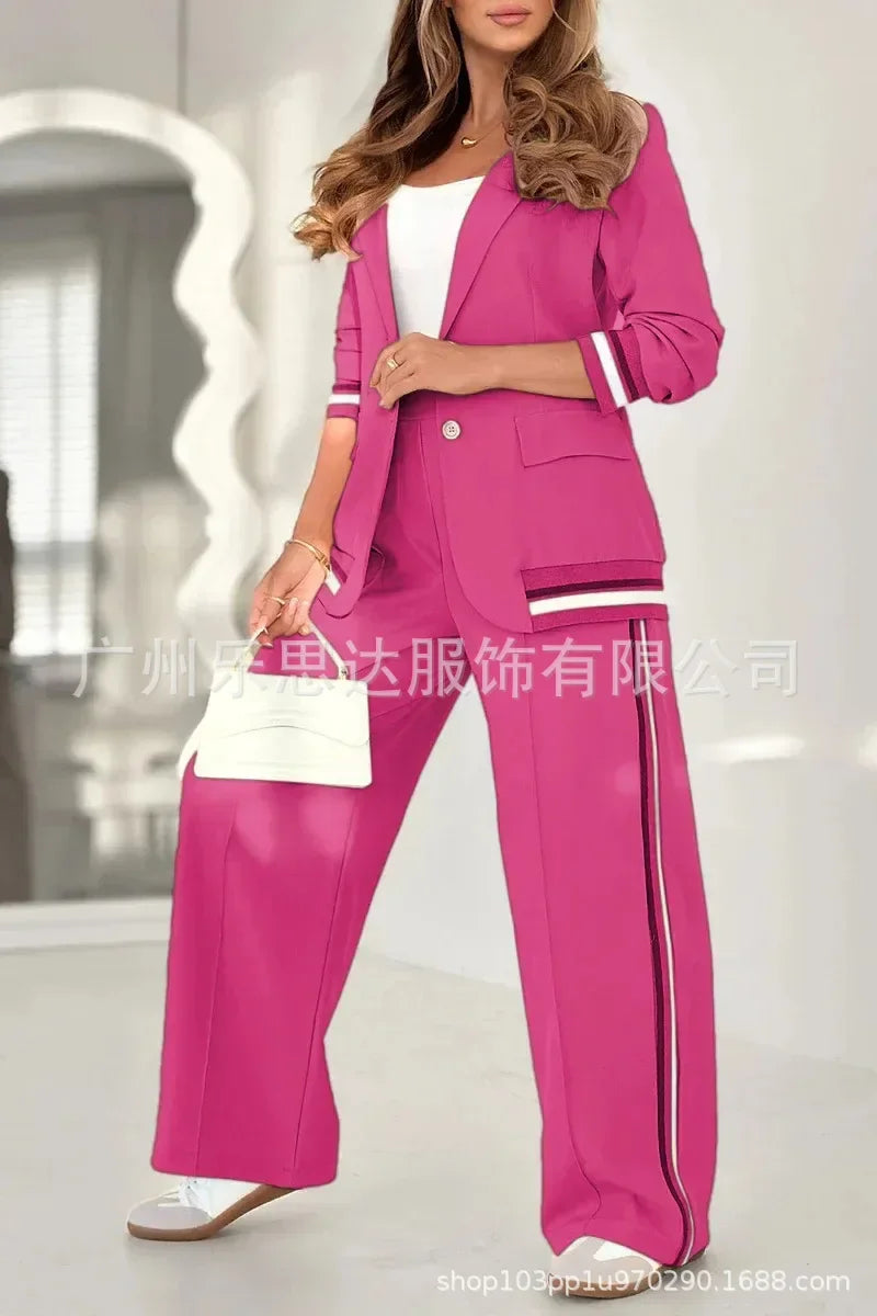 Women Suit Jacket 2 Piece Sets Striped Blazer Coat Turn Down Collar Single Breasted Wide Leg Pants Ensemble Office Lady Outfits Good Vibrations