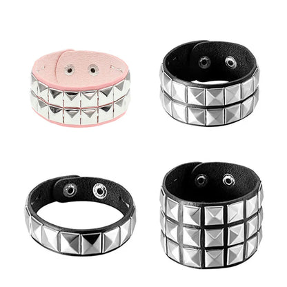 Black Leather Goth Square Washer Rivet Bracelet Cuff Wristband Gothic Punk Bracelets For Armbands Men Women Good Vibrations