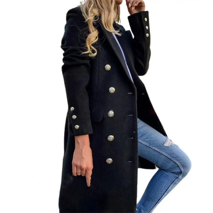 Women Wool Coat Autumn Winter Long Sleeve Pure Color Turn-Down Collar Double-breasted Women Overcoat Women Greatcoat Outerwear Good Vibrations