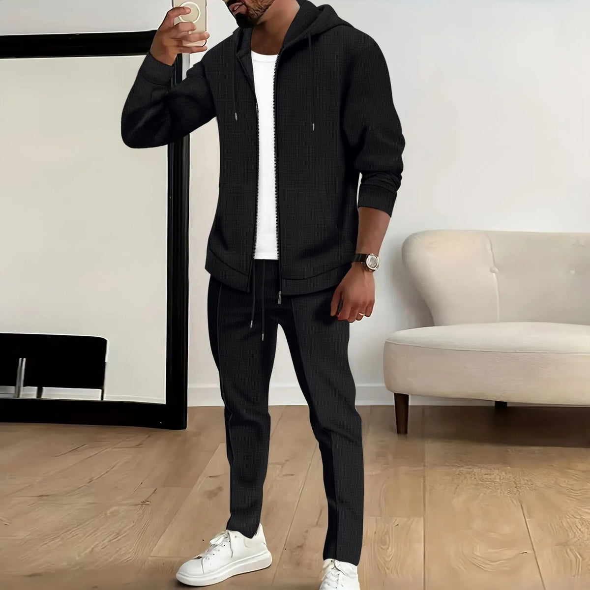 Spring and Autumn New Waffle Men's Casual Slim-Fit Hooded Long-Sleeved Cardigan Matching Color Fashion High Quality Tracksuit Pa Good Vibrations
