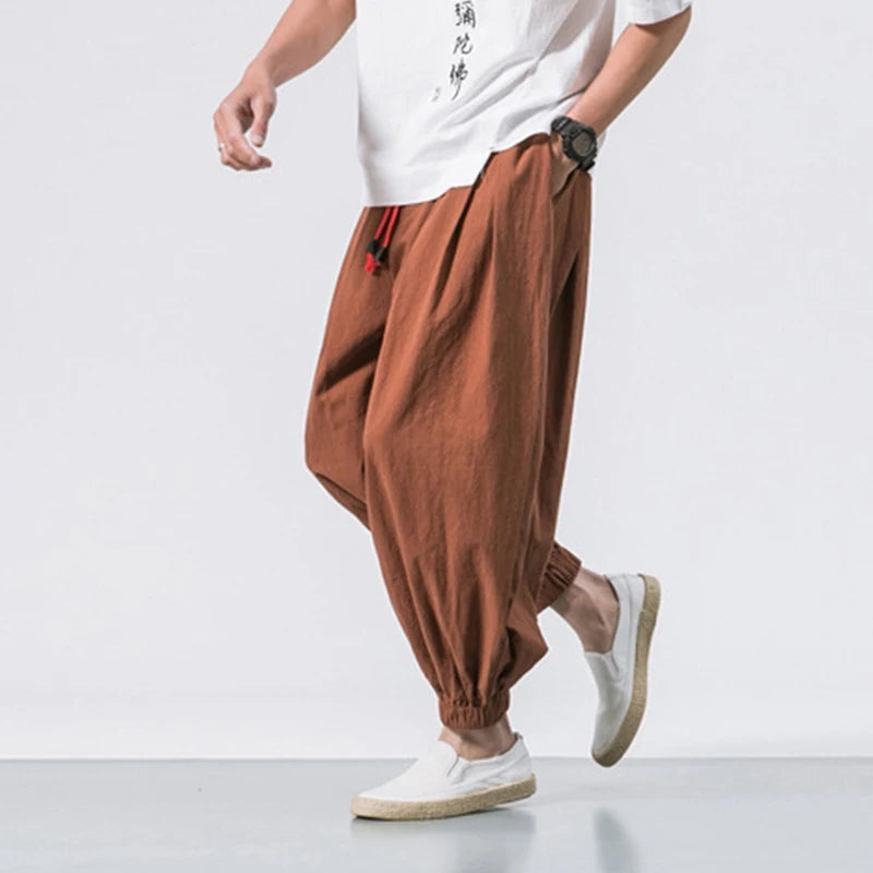 Cotton Linen Harem Pants Men Solid Elastic Waist Streetwear Joggers 2023 New Baggy Drop-crotch Pants Casual Trousers Men Good Vibrations