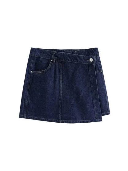 2025 Women's Fashion Flip Pocket Decoration Short Flip Collar Slim fit denim Top + Asymmetric Denim Skirt 2 Piece Set Good Vibrations