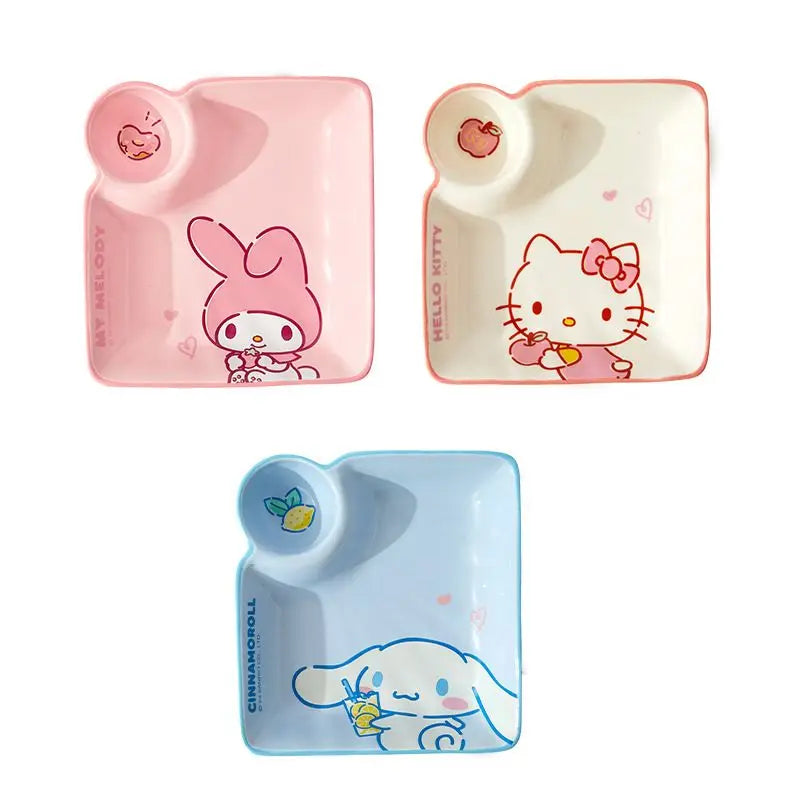 Cute Cartoon Sanrioed My Melody Hellokitty Cinnamoroll Ceramic Dumpling Plate with Vinegar Dish for Children's Breakfast At Home Good Vibrations