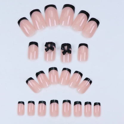 24pcs Press on Nails Short Almond Bowknot Black Press on Nails White Pearl Sweet French Tip Press on Nails Cute Nail Artificial Good Vibrations