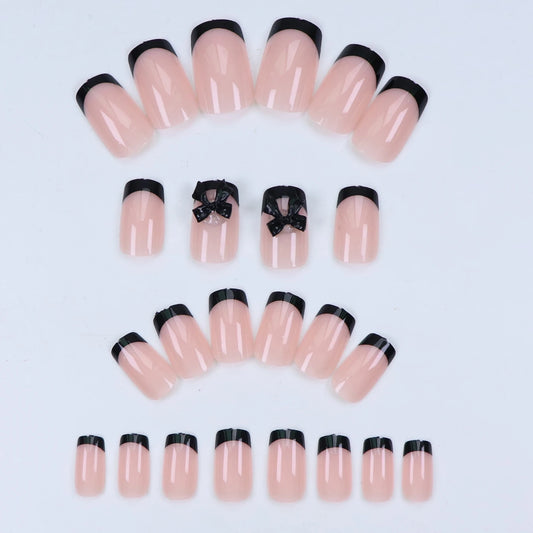 24pcs Press on Nails Short Almond Bowknot Black Press on Nails White Pearl Sweet French Tip Press on Nails Cute Nail Artificial Good Vibrations