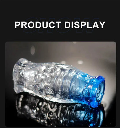 Male masturbator cup with soft silicone and transparent design.