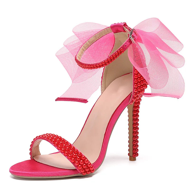 Summer New brand Fashion Bowknot Beading Women Gladiator Sandals Luxury Pearls White thin High heels Wedding Bridal Party Shoes Good Vibrations