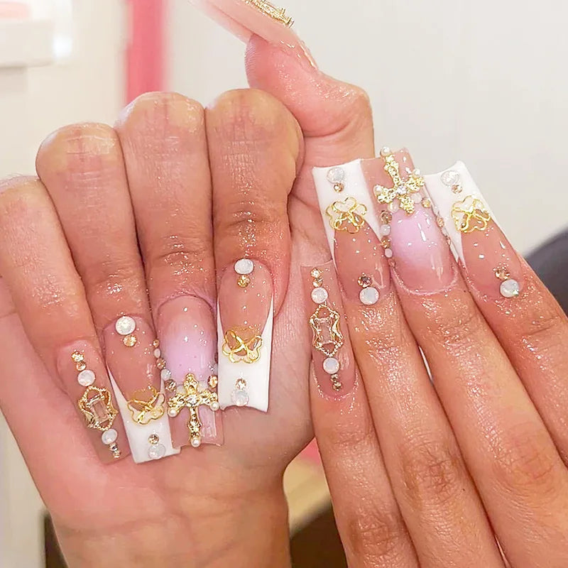 24pcs Glossy Black Fake Nails For Spicy Girls Shimmery Rhinestone French Style Cross Press On Nail Mid-length Coffin Cool Nails Good Vibrations