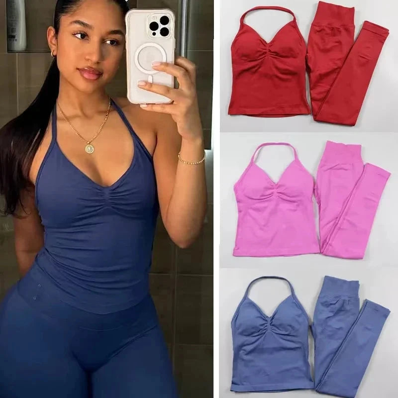 Fitness Girl Yoga Ladies 2-piece Set Long Neck Halter Tank Top Hip Lift Fitness Pants Comfortable Breathable Set Sportswear Good Vibrations