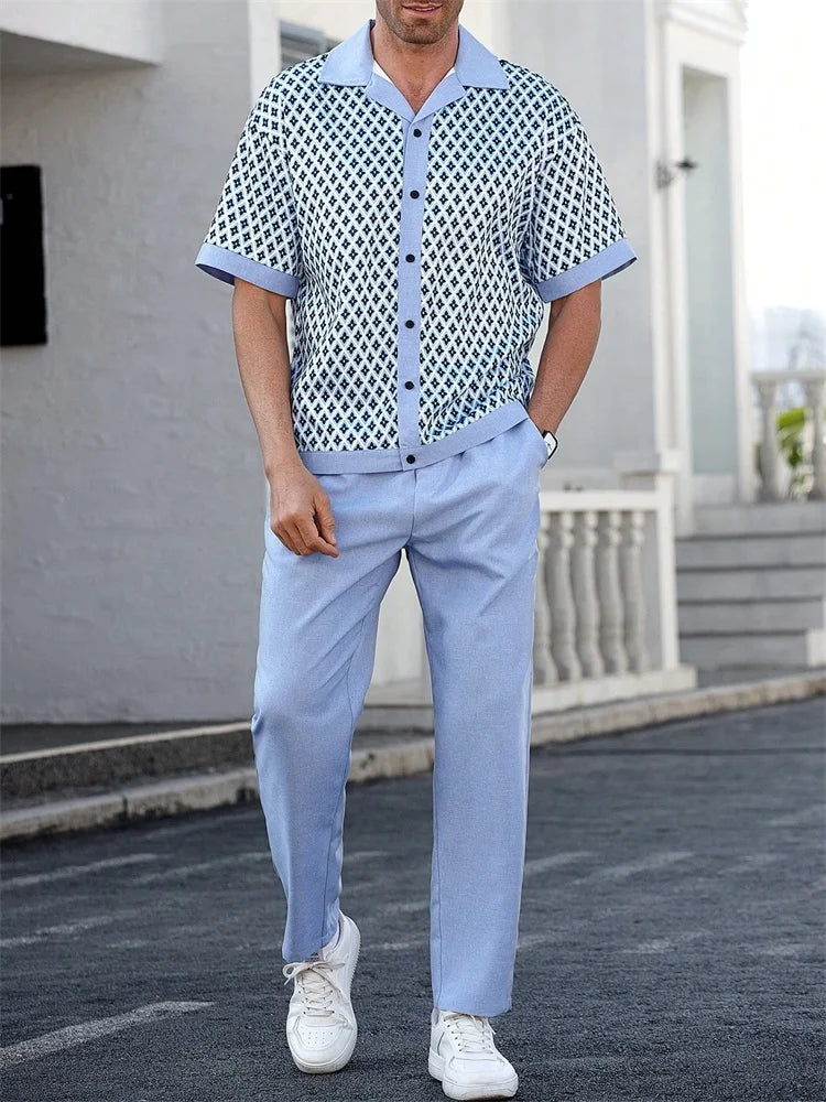 2025 Autumn Geometric Color Block Printed Short-sleeved Set, 2pcs Daily Casual And Loose Men's Shirt Set, Casual And Fashionable Good Vibrations